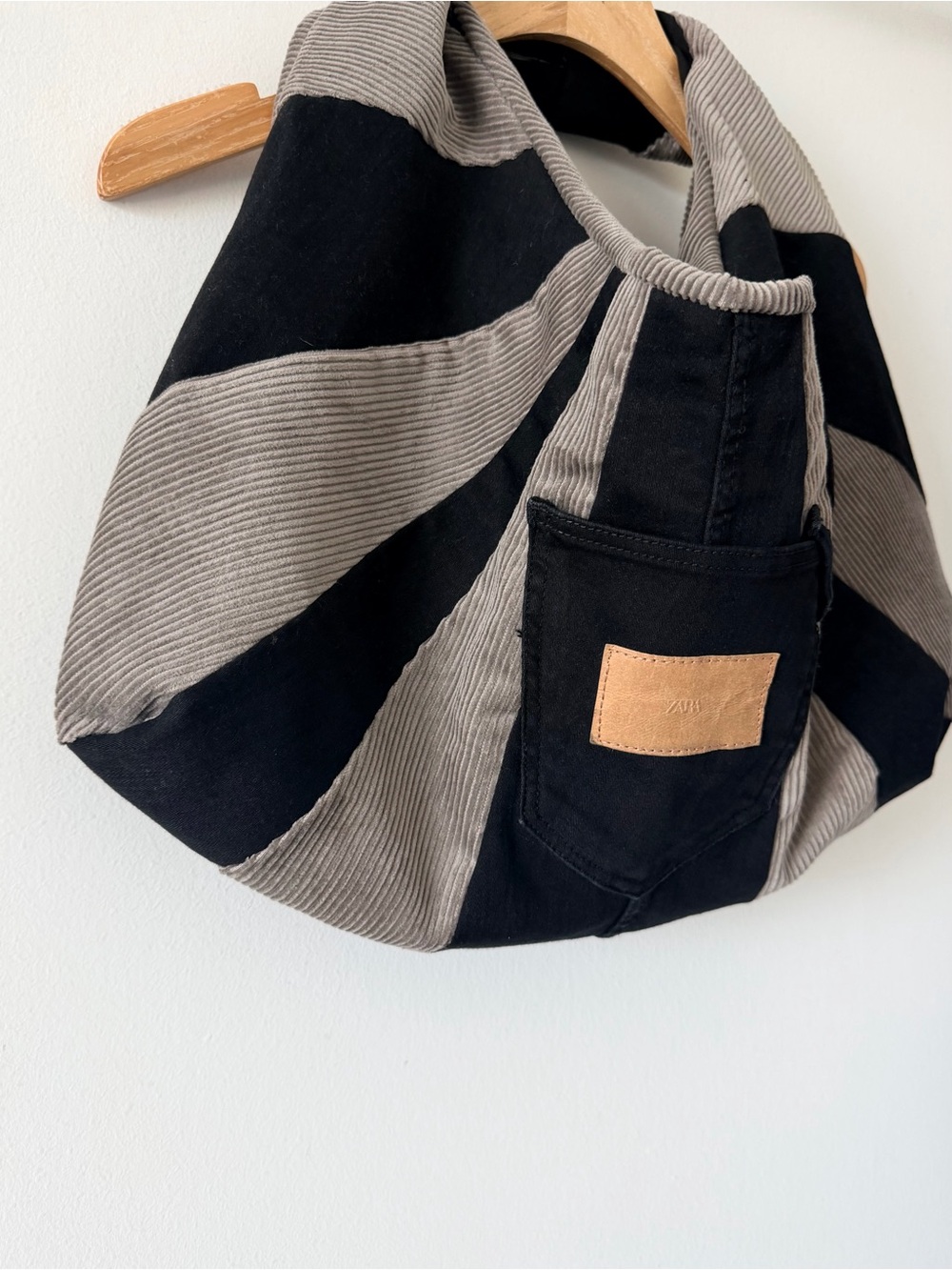 OOAK Handmade Upcycled Zara Denim Velvet Patchwork Hobo Shoulder Bag - Picture 4 of 10